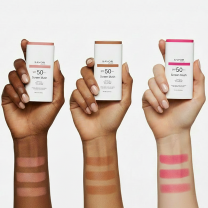 Swatches Screen Blush SPF 50 – Sun Tan, Rosy Pink et Soft Berry | SAVOR Paris